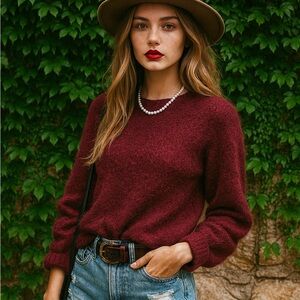 JOIE Stavan Cranberry Wool Blend Snow Metallic Boucle Sweater, XS